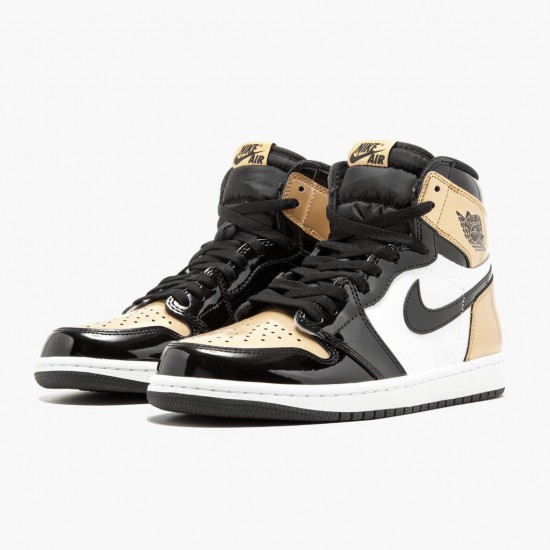 Air Jordans 1 High OG Released In A Second White Black And Gold Patent Leather Basketball Shoes Mens 861428 007 